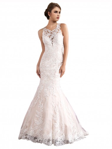 Ivoire & Champagne Sirène Illusion Traîne cathédrale Tulle Dentelle Robes de mariée Pas Chre