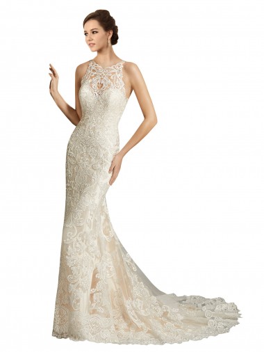 Ivoire & Champagne Sirène Illusion Tulle Dentelle Classique Robes de mariée Pas Chre