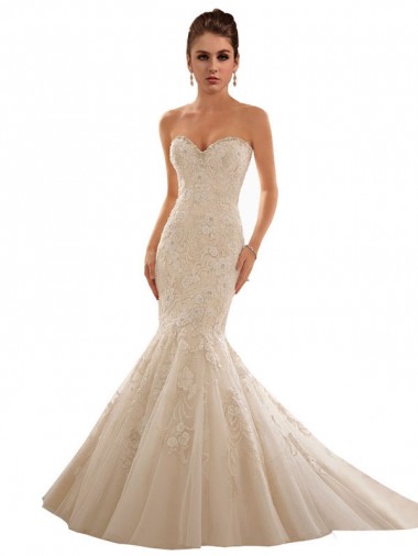 Ivoire & Champagne Sirène Tulle Dentelle Robes de mariée Pas Chre