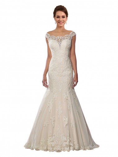 Ivoire & Champagne Sirène Épaule Dénudée Dentelle Boho Robes de mariée Pas Chre