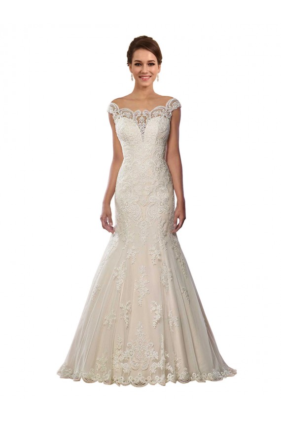 Ivoire & Champagne Sirène Épaule Dénudée Dentelle Boho Robes de mariée Pas Chère