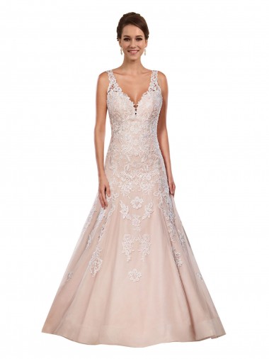 Ivoire & Champagne Trapèze Col V Dentelle Classique Robes de mariée Pas Chre