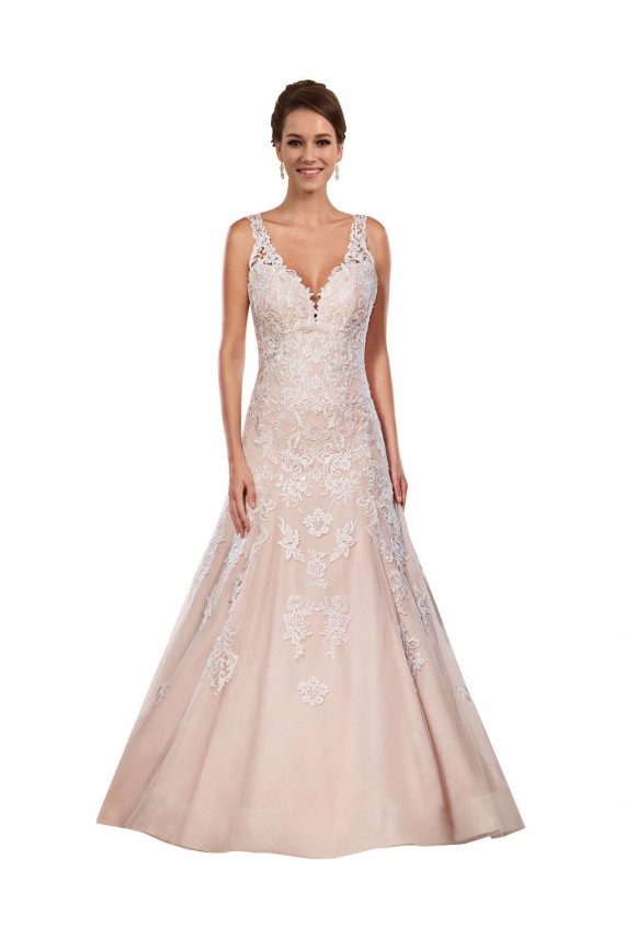 Ivoire & Champagne Trapèze Col V Dentelle Classique Robes de mariée Pas Chère
