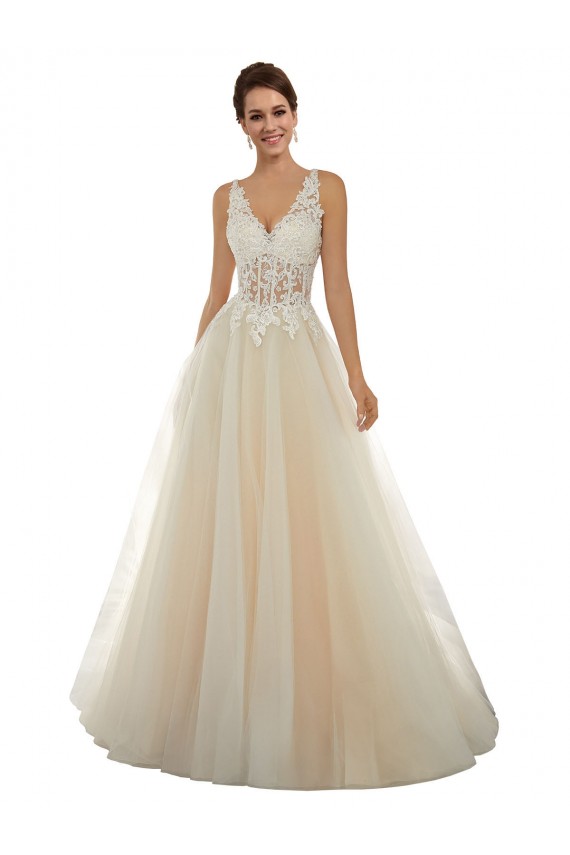 Ivoire & Champagne Trapèze Col V Tulle Dentelle Classique Robes de mariée Pas Chère