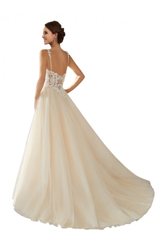 Ivoire & Champagne Trapèze Col V Tulle Dentelle Classique Robes de mariée Pas Chère