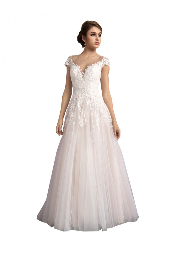 Ivoire & Champagne Trapèze Illusion Traîne cathédrale Tulle Dentelle Plage Robes de mariée Pas Chère