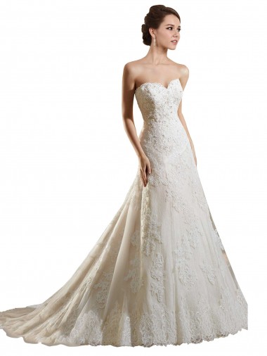 Ivoire & Champagne Trapèze Tulle Dentelle Robes de mariée Pas Chre