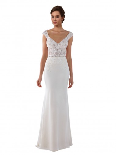 Ivoire Fourreau Col V Dentelle Crêpe Stretch Robes de mariée Pas Chre