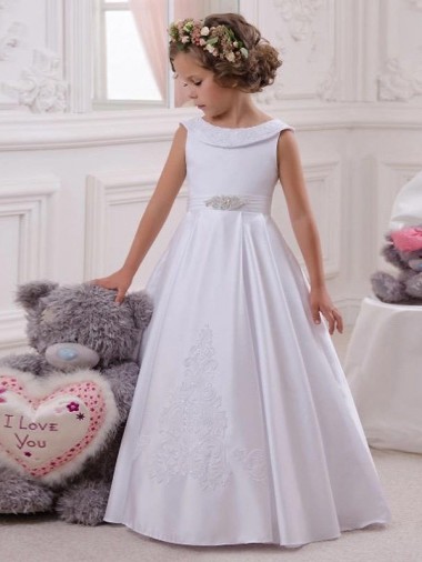 Ivoire Princesse Bateau Satiné Dentelle Longue Robes de demoiselle d'honneur - fillette Pas Chre