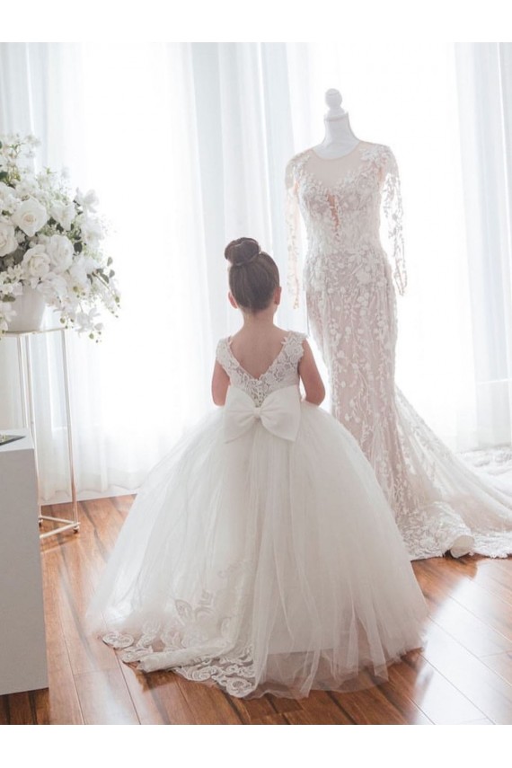 Ivoire Princesse Bateau Tulle Dentelle Longue Robes de demoiselle d'honneur - fillette Pas Chère