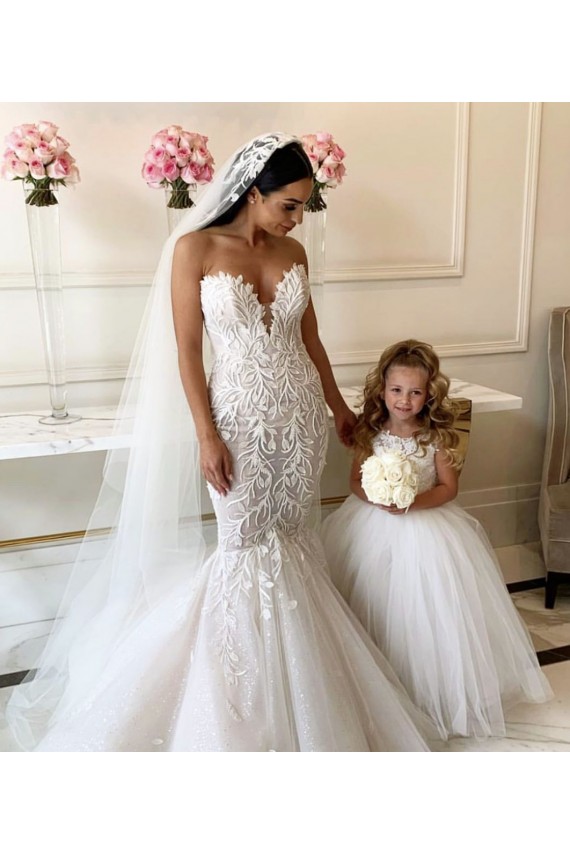Ivoire Princesse Bateau Tulle Dentelle Longue Robes de demoiselle d'honneur - fillette Pas Chère