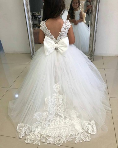 Ivoire Princesse Bateau Tulle Dentelle Longue Robes de demoiselle d'honneur - fillette Pas Chre