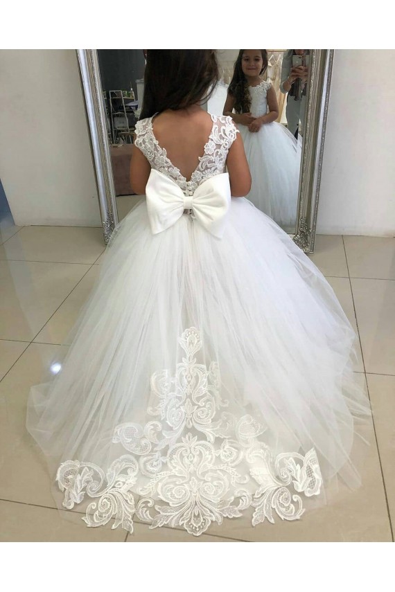 Ivoire Princesse Bateau Tulle Dentelle Longue Robes de demoiselle d'honneur - fillette Pas Chère