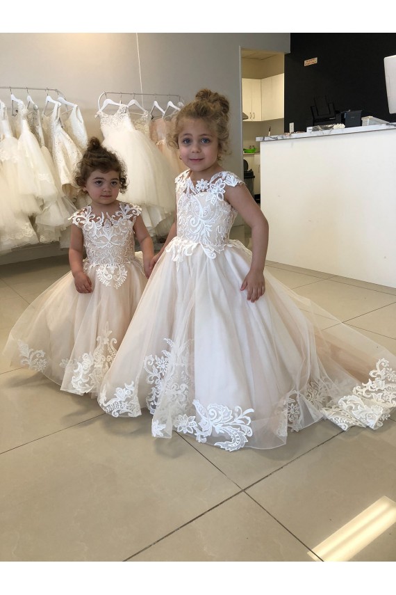 Ivoire Princesse Bateau Tulle Dentelle Longue Robes de demoiselle d'honneur - fillette Pas Chère