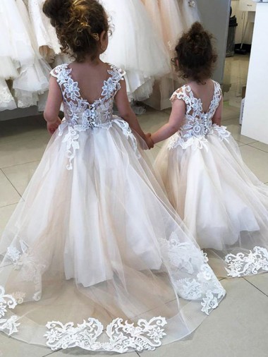 Ivoire Princesse Bateau Tulle Dentelle Longue Robes de demoiselle d'honneur - fillette Pas Chre