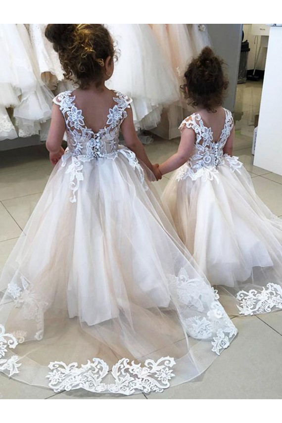 Ivoire Princesse Bateau Tulle Dentelle Longue Robes de demoiselle d'honneur - fillette Pas Chère