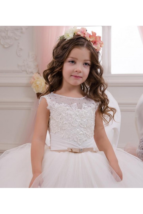 Ivoire Princesse Bateau Tulle Dentelle Longue Robes de demoiselle d'honneur - fillette Pas Chère