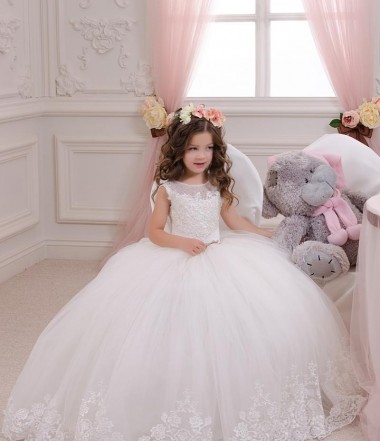 Ivoire Princesse Bateau Tulle Dentelle Longue Robes de demoiselle d'honneur - fillette Pas Chre