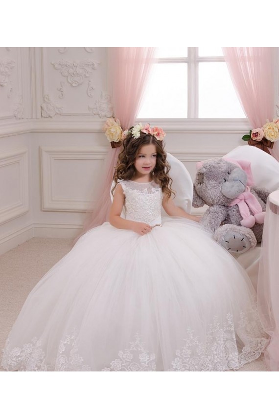 Ivoire Princesse Bateau Tulle Dentelle Longue Robes de demoiselle d'honneur - fillette Pas Chère
