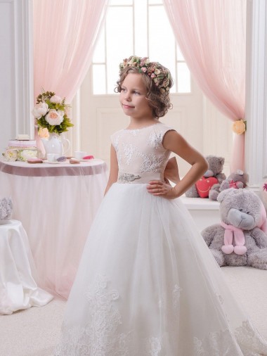 Ivoire Princesse Bateau Tulle Dentelle Longue Robes de demoiselle d'honneur - fillette Pas Chre