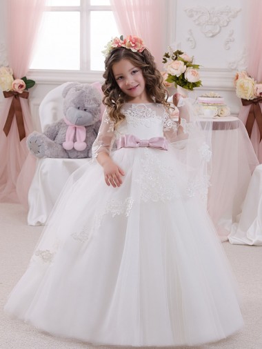 Ivoire Princesse Bateau Tulle Dentelle Longue Robes de demoiselle d'honneur - fillette Pas Chre