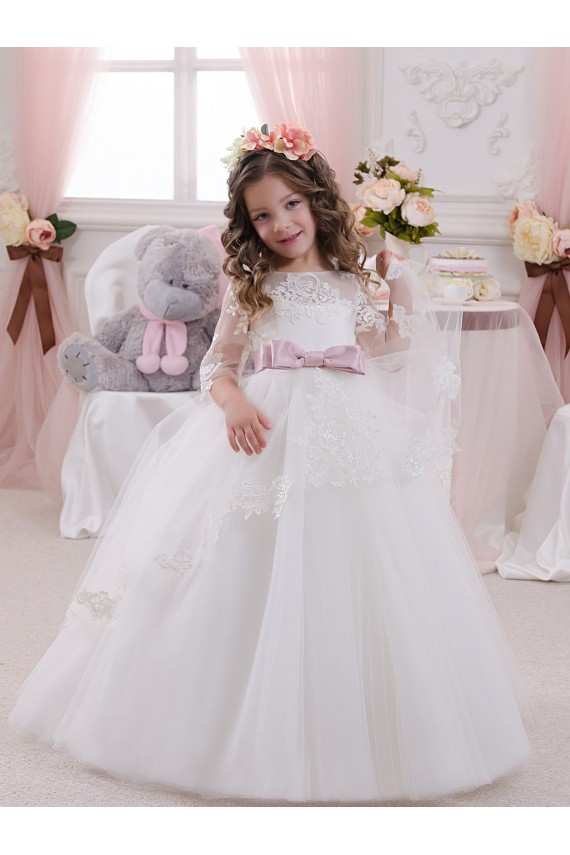 Ivoire Princesse Bateau Tulle Dentelle Longue Robes de demoiselle d'honneur - fillette Pas Chère