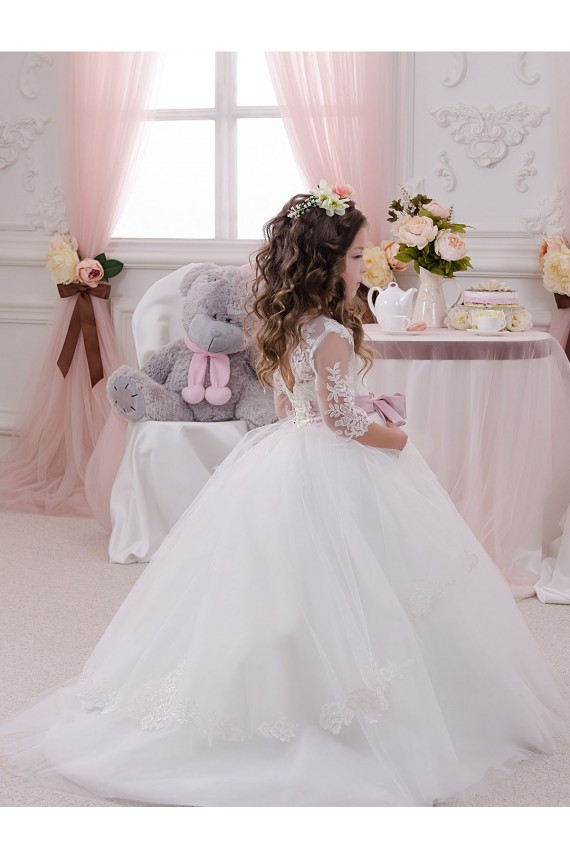 Ivoire Princesse Bateau Tulle Dentelle Longue Robes de demoiselle d'honneur - fillette Pas Chère