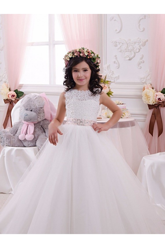 Ivoire Princesse Bateau Tulle Dentelle Longue Robes de demoiselle d'honneur - fillette Pas Chère