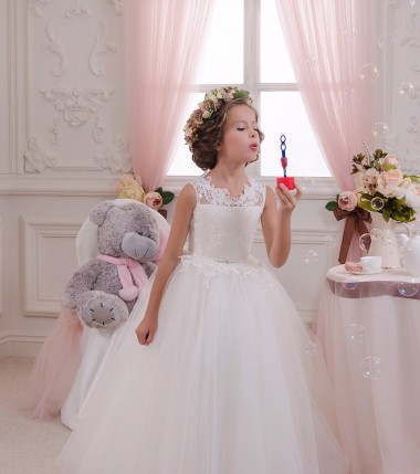 Ivoire Princesse Col Haut Tulle Dentelle Longue Robes de demoiselle d'honneur - fillette Pas Chre