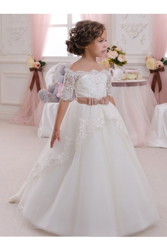 Ivoire Princesse Col Haut Tulle Dentelle Longue Robes de demoiselle d'honneur - fillette Pas Chère