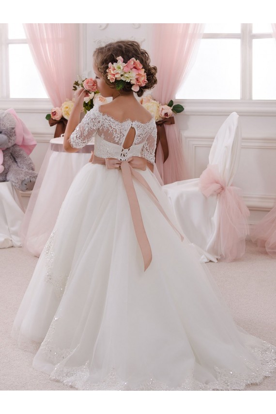 Ivoire Princesse Col Haut Tulle Dentelle Longue Robes de demoiselle d'honneur - fillette Pas Chère