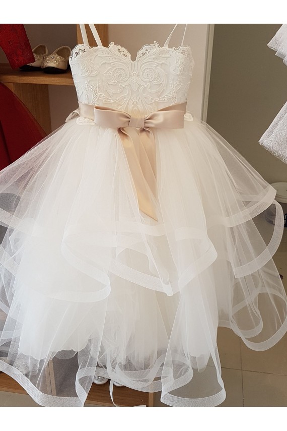 Ivoire Princesse Col Haut Tulle Dentelle Longue Robes de demoiselle d'honneur - fillette Pas Chère