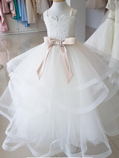 Ivoire Princesse Col Haut Tulle Dentelle Longue Robes de demoiselle d'honneur - fillette Pas Chre