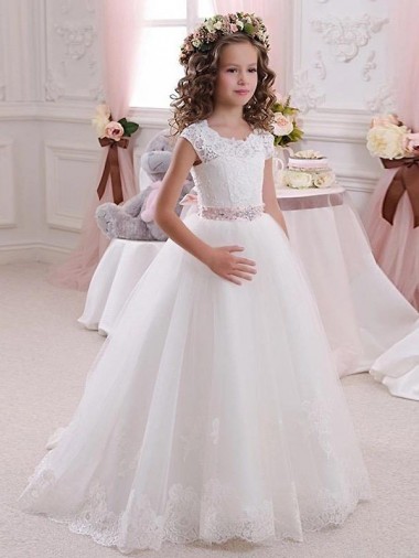 Ivoire Princesse Col Haut Tulle Dentelle Longue Robes de demoiselle d'honneur - fillette Pas Chre