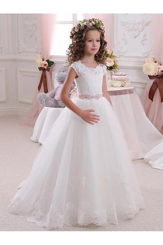 Ivoire Princesse Col Haut Tulle Dentelle Longue Robes de demoiselle d'honneur - fillette Pas Chère