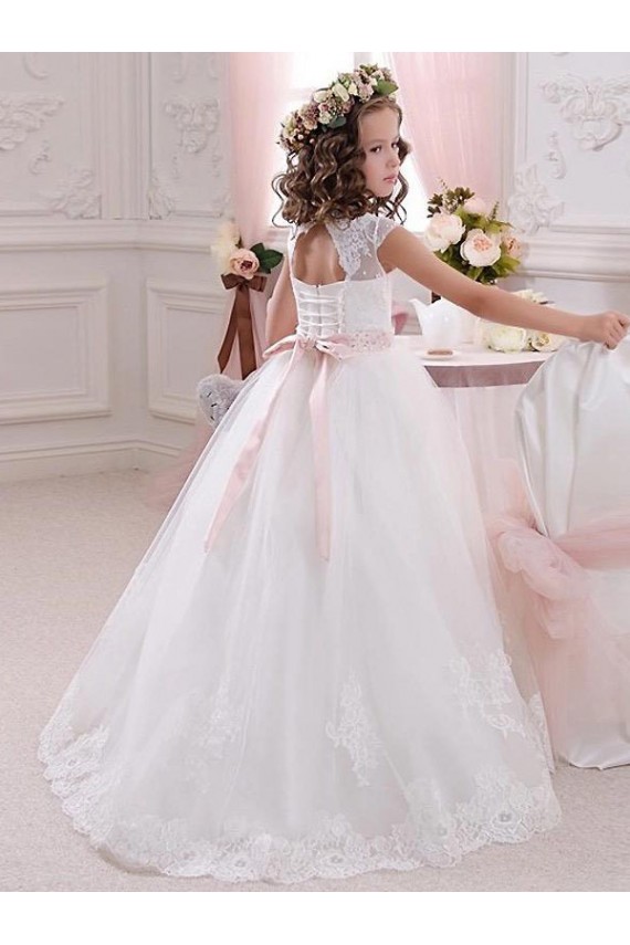 Ivoire Princesse Col Haut Tulle Dentelle Longue Robes de demoiselle d'honneur - fillette Pas Chère
