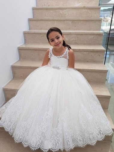 Ivoire Princesse Col Haut Tulle Dentelle Longue Robes de demoiselle d'honneur - fillette Pas Chre