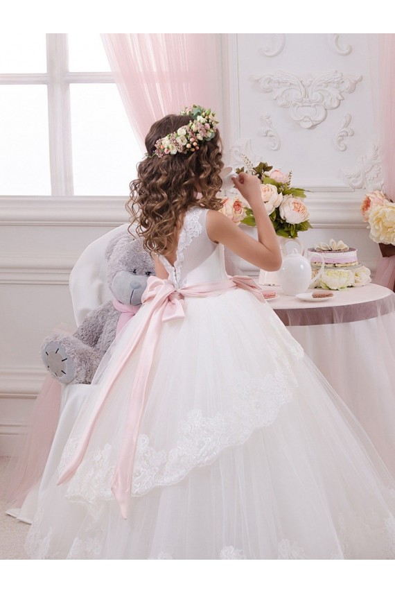 Ivoire Princesse Tulle Dentelle Longue Robes de demoiselle d'honneur - fillette Pas Chère