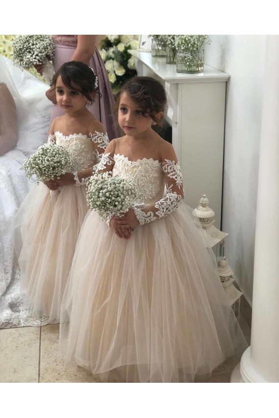 Ivoire Princesse Tulle Dentelle Longue Robes de demoiselle d'honneur - fillette Pas Chère