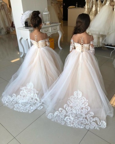 Ivoire Princesse Tulle Dentelle Longue Robes de demoiselle d'honneur - fillette Pas Chre