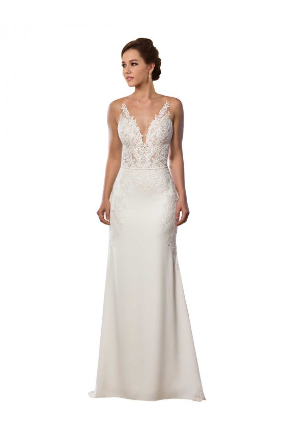 Ivoire Sirène Col V Dentelle Crêpe Stretch Robes de mariée Pas Chère