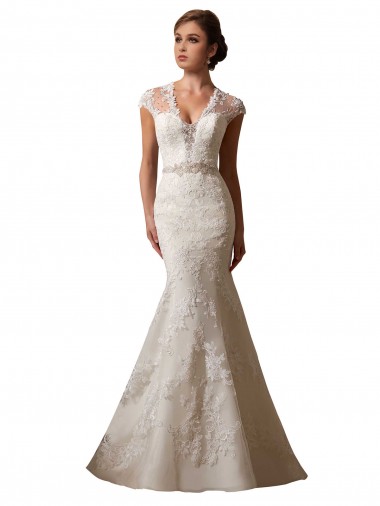 Ivoire Sirène Illusion Col V Tulle Dentelle Robes de mariée Pas Chre