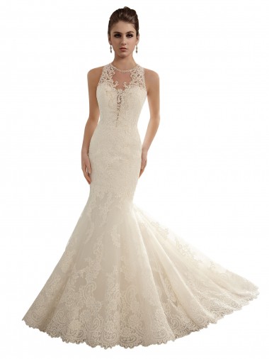 Ivoire Sirène Illusion Dentelle Robes de mariée Pas Chre
