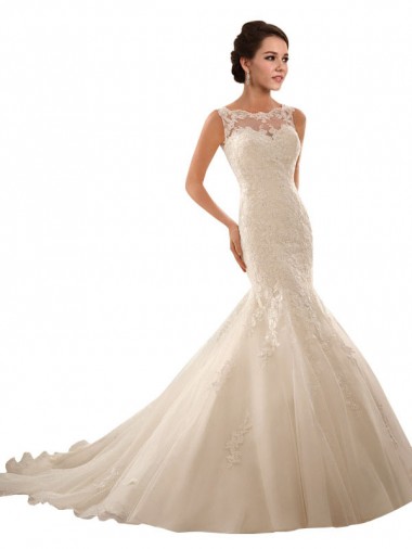 Ivoire Sirène Illusion Tulle Dentelle Robes de mariée Pas Chre
