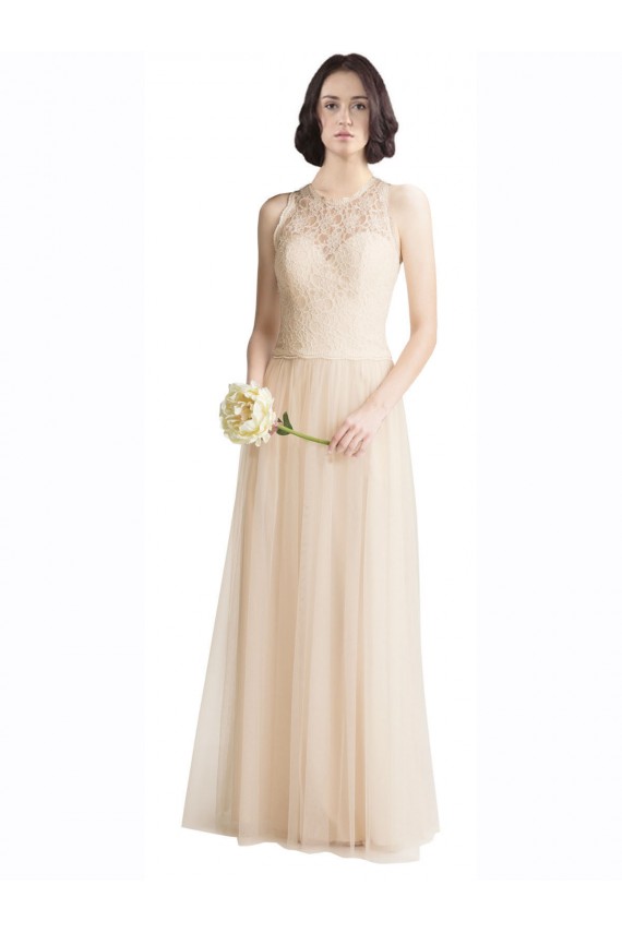 Ivoire Trapèze Bateau Illusion Tulle Dentelle Longue Robes demoiselle d'honneur Pas Chère