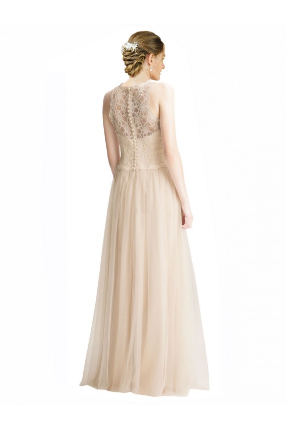 Ivoire Trapèze Bateau Illusion Tulle Dentelle Longue Robes demoiselle d'honneur Pas Chère