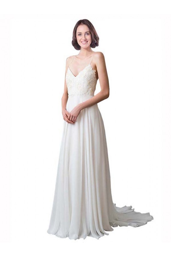 Ivoire Trapèze Bretelles spaghetti Col V Mousseline Dentelle Plage Robes de mariée Pas Chère