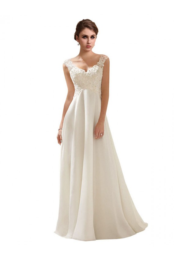 Ivoire Trapèze Col V Balayage train Mousseline Dentelle Robes de mariée Pas Chère