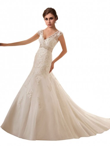 Ivoire Trapèze Col V Tulle Dentelle Robes de mariée Pas Chre