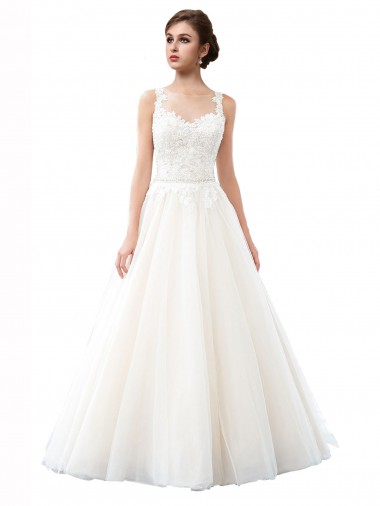 Ivoire Trapèze Illusion Traîne cathédrale Tulle Dentelle Plage Robes de mariée Pas Chre
